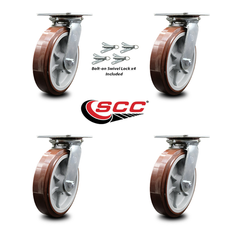 Service Caster 8 Inch Polyurethane Caster Set with Ball Bearings and Swivel Locks SCC SCC-35S820-PPUB-BSL-4